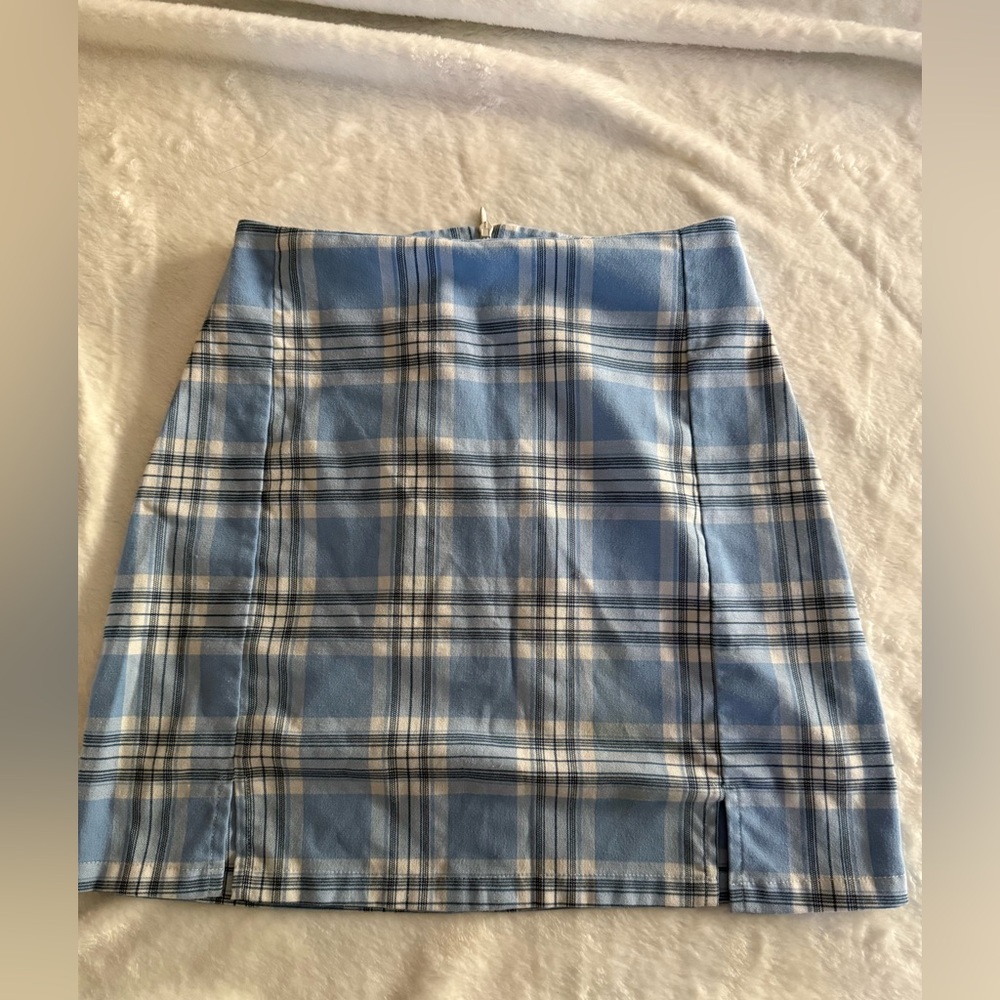 Brandy Melville Light Blue Plaid Slits Stretch Mini Skirt XS Y2K Coquette Retro